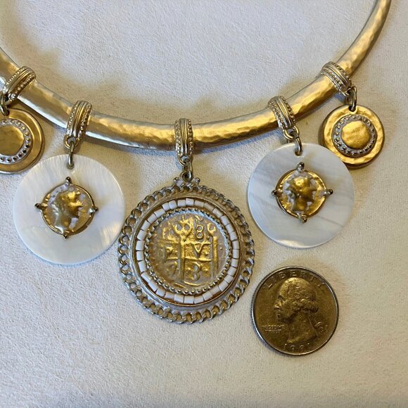 Chico's Set Necklace Bracelet Coin Pendant Gold Tone Metal Mother Of Pearl Stone - Picture 10 of 15